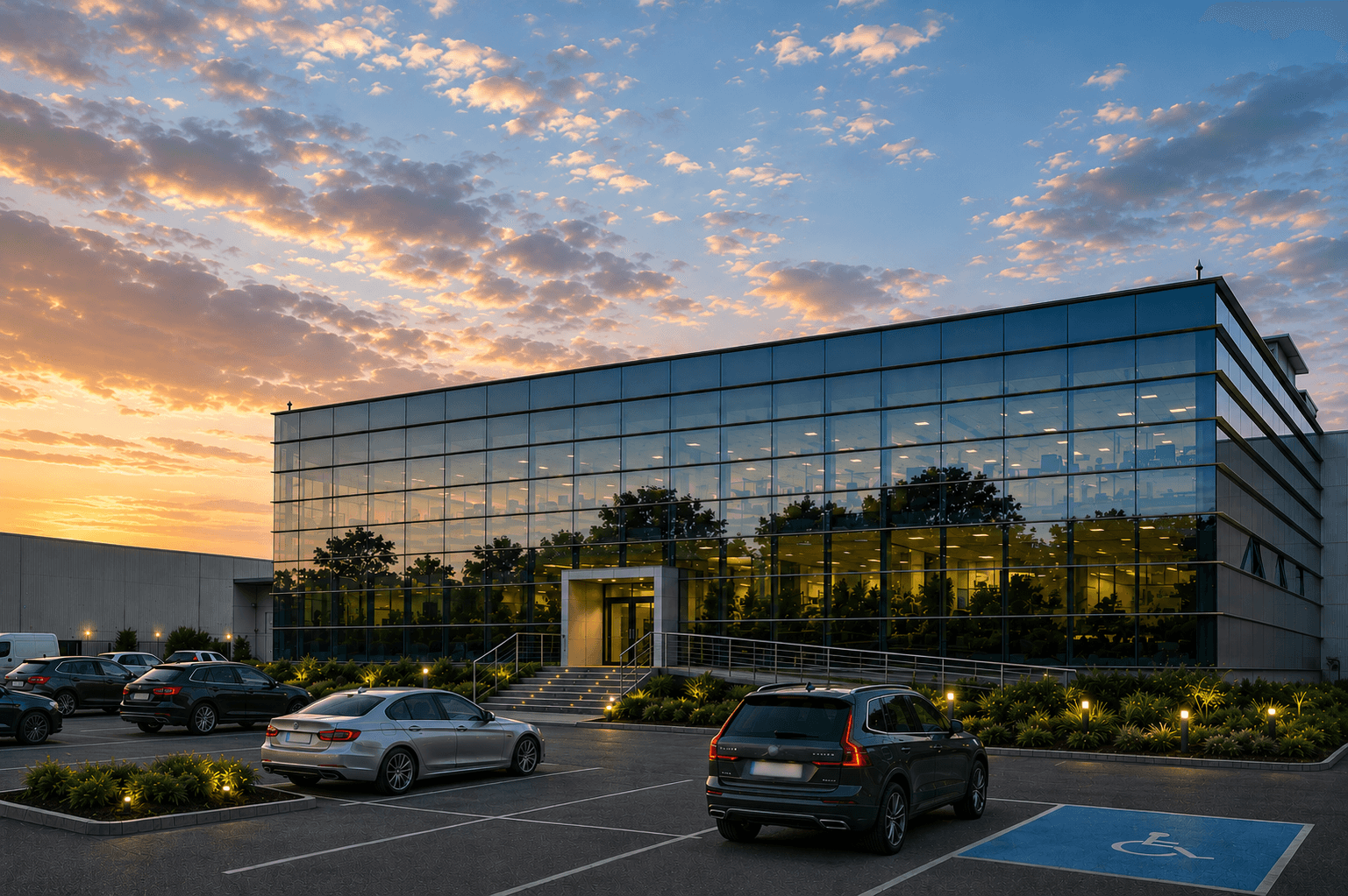 Fachada de las instalaciones de QuaPharma al atardecer